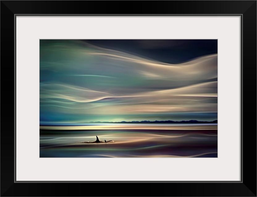 Horizontal, large abstract wall hanging of two Orca whale fins breaking the surface of the water.  The sky and the water f...