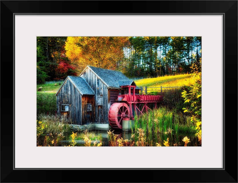 Fine art photo of an old water wheel in the fall in New England.