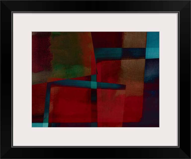 An contemporary abstract expressionist take on autumn reflections in a river in deep rich reds, oranges, blues, teal and g...