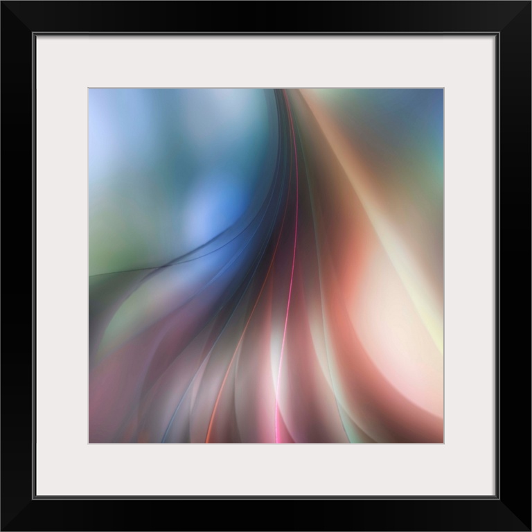 Abstract art of blurred, wavy, colorful lines from a single gathering point at the top, draping down towards the bottom of...