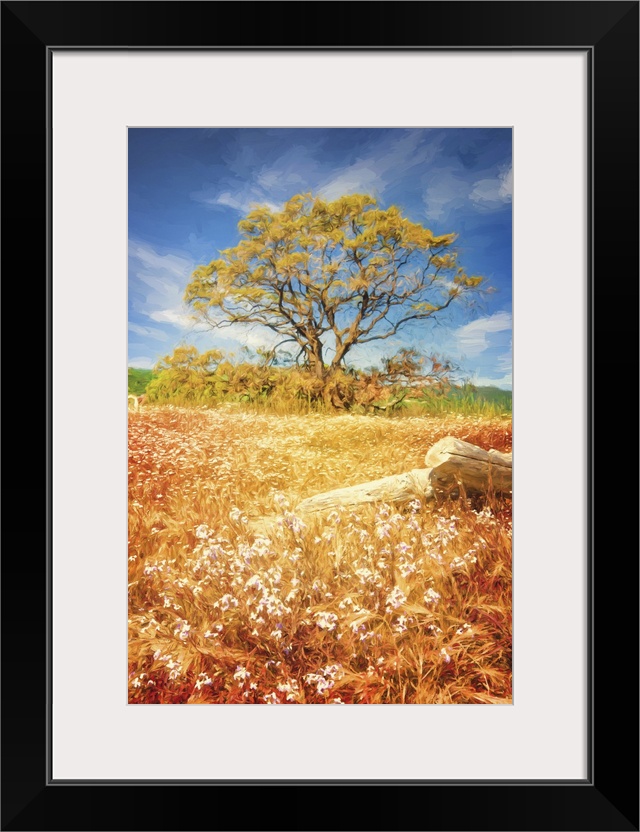 Photo painting of a beautiful Fall day with long orange and yellow grass with flowers and a tree in the background with br...