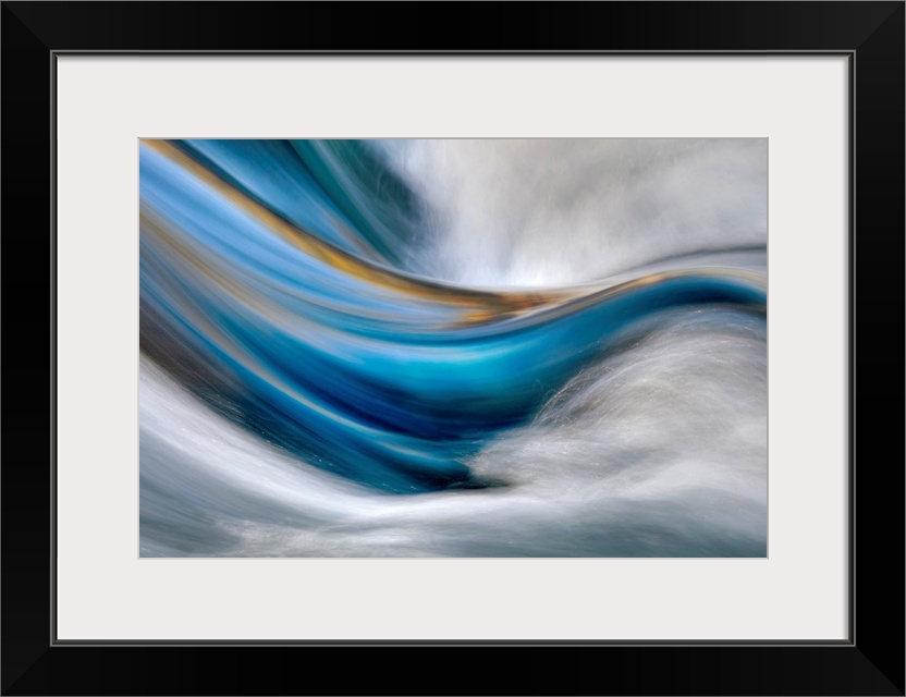 Abstract painting in which cool and warm tones flow from left to right while white rushes from the right side encasing the...