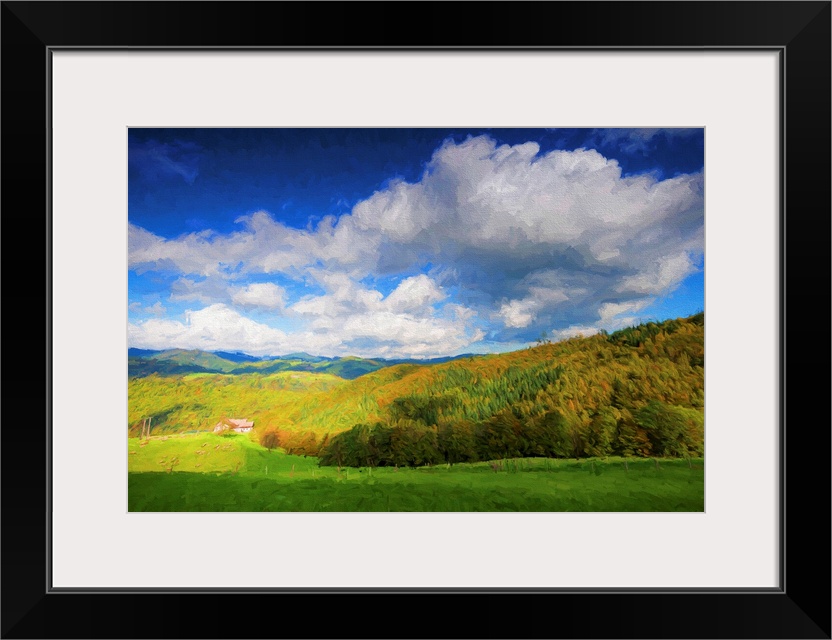 A photograph of a countryside landscape under fluffy clouds.