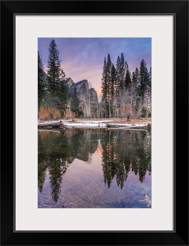 Three Brothers Cathedral Beach at Yosemite National Park in California during winter sunrise.