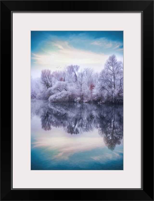 Photo Expressionism - Forest in winter at the edge of a lake.