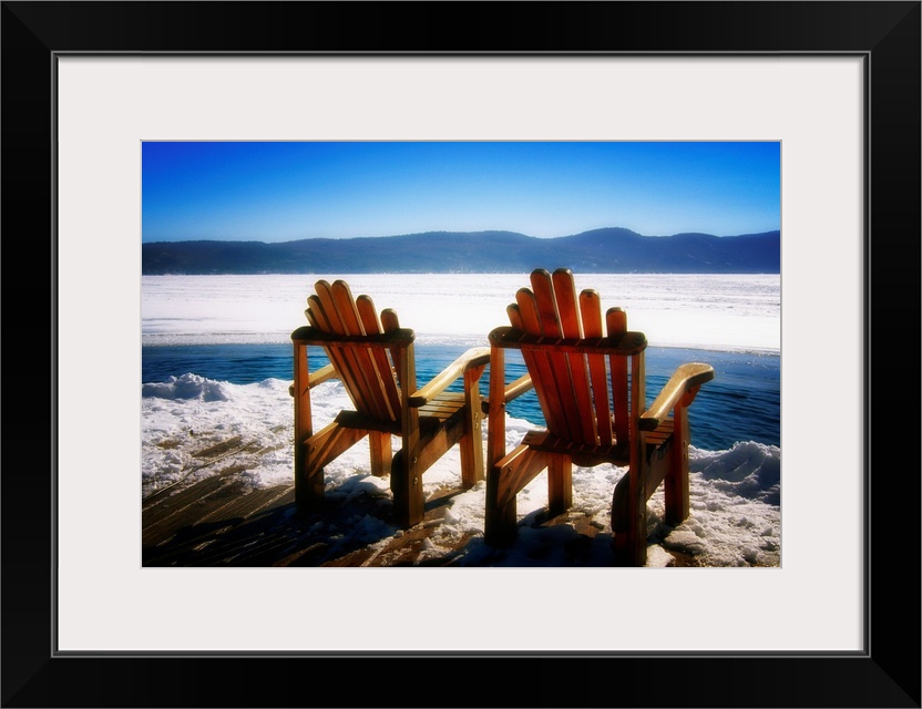 Two Adirondack Chairs on a Deck in Winter, Lake George, New York