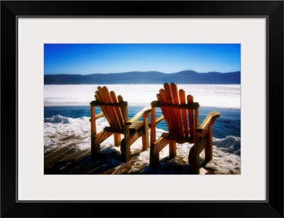 Two Adirondack Chairs on a Deck in Winter, Lake George, New York