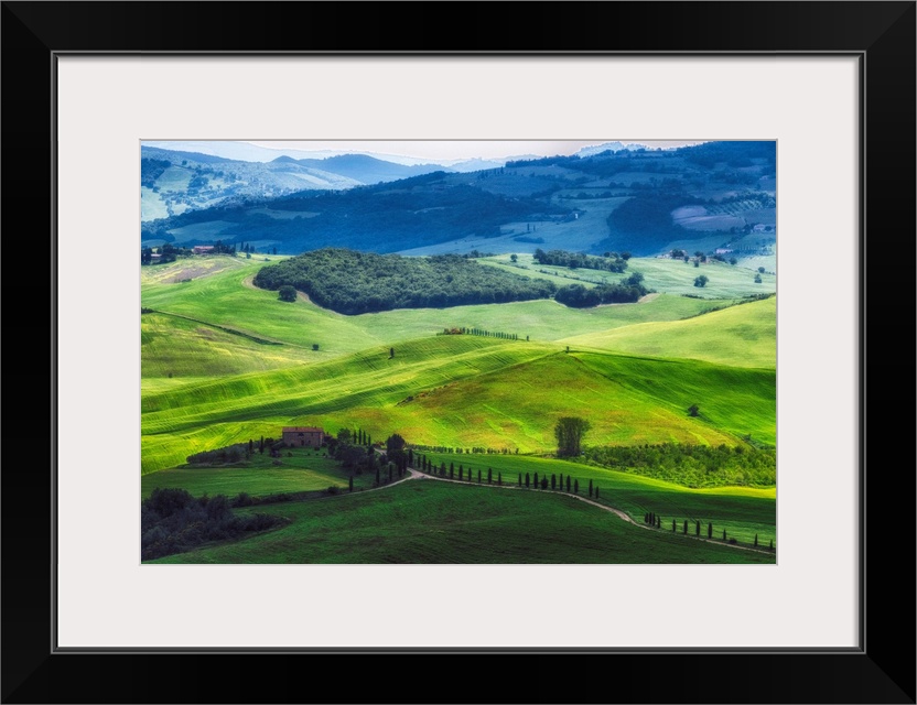 Rolling hills with farms, Val d'Orcia, Tuscany, Italy.