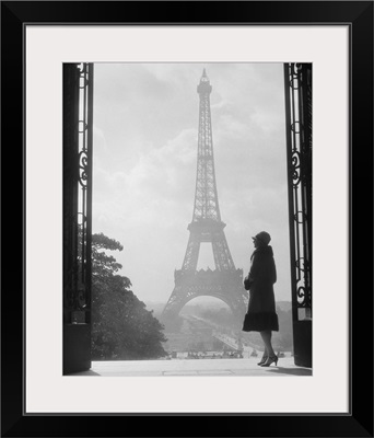 1920's Anonymous Silhouetted Woman Standing Across From The Eiffel Tower Paris France