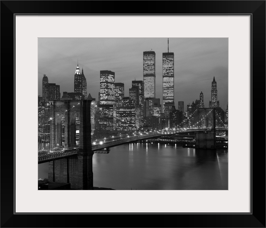 1980's New York City Lower Manhattan Skyline Brooklyn Bridge World Trade Center.