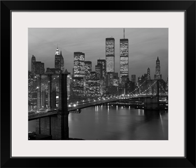 1980's New York City Lower Manhattan Skyline Brooklyn Bridge World Trade Center