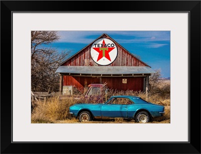 Abandoned Blue Camaro Chevrolet In Front Of Deserted Texaco Station, Nebraska