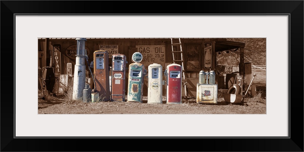 Abandoned fuel pumps in a row at a museum Gasoline Alley Museum Taos county New Mexico