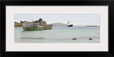 Abandoned shipwreck along shoreline with new cruise ship, Falkland Islands