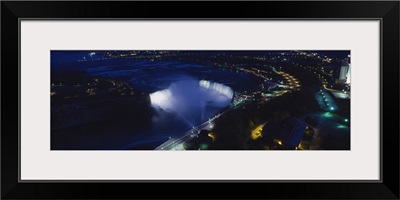 Aerial view of a waterfall at night, Horseshoe Falls, Niagra Falls, Ontario, Canada