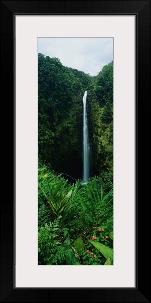 A waterfall plunges into a steep gorge surrounded by tropical jungle in this Hawaiian state park in this vertical wall art.