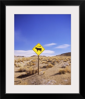 Animal crossing sign at a road side in the desert, Californian Sierra Nevada, California