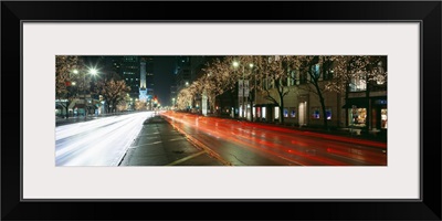 Blurred Motion Of Cars Along Michigan Avenue Illuminated With Christmas Lights, Chicago, Illinois