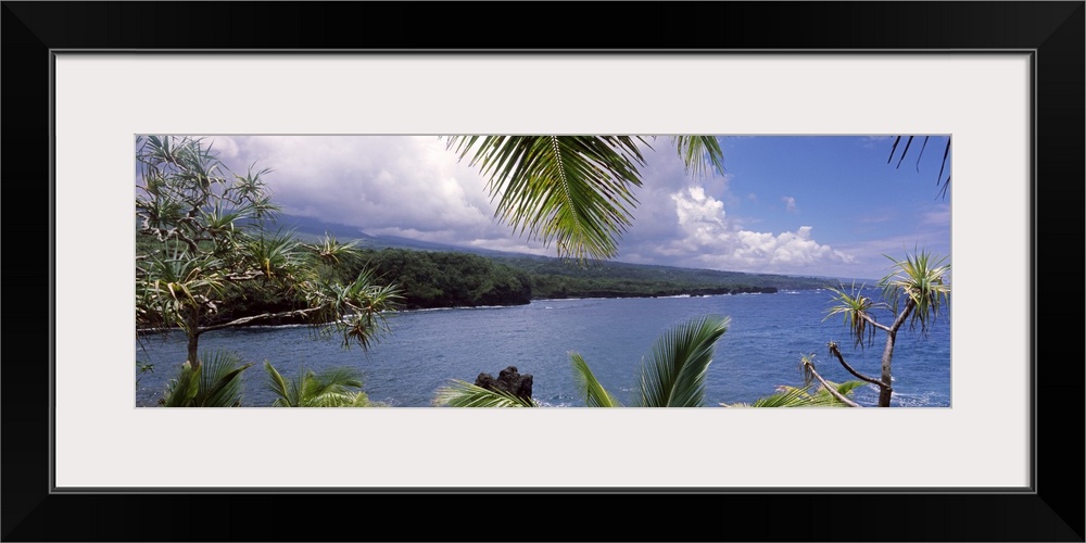 Panoramic photograph of the ocean under a cloudy sky seen from behind the leaves of a lush tropical forest.