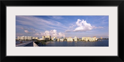 Bridge with city skyline at the waterfront, John Ringling Causeway Bridge, Sarasota Bay, Sarasota, Florida
