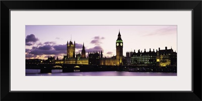 Buildings lit up at dusk, Big Ben, Houses of Parliament, Thames River, City Of Westminster, London, England