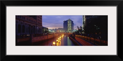 Buildings lit up at dusk, WaterFire, Providence River, Providence, Providence County, Rhode Island