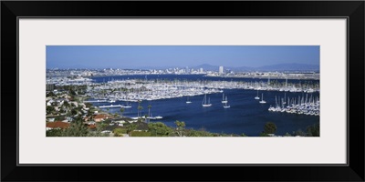 California, San Diego, Aerial view of boats moored at a harbor