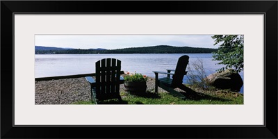 Chairs at the lakeside, Raquette Lake, Adirondack Mountains, New York State,