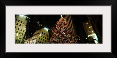Christmas tree lit up at night, Rockefeller Center