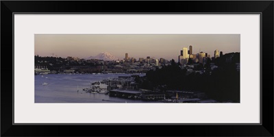 City skyline at the lakeside with Mt Rainier in the background Lake Union Seattle King County Washington State