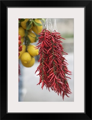 Close-up of lemons and red chili peppers, Positano, Amalfi Coast, Campania, Italy