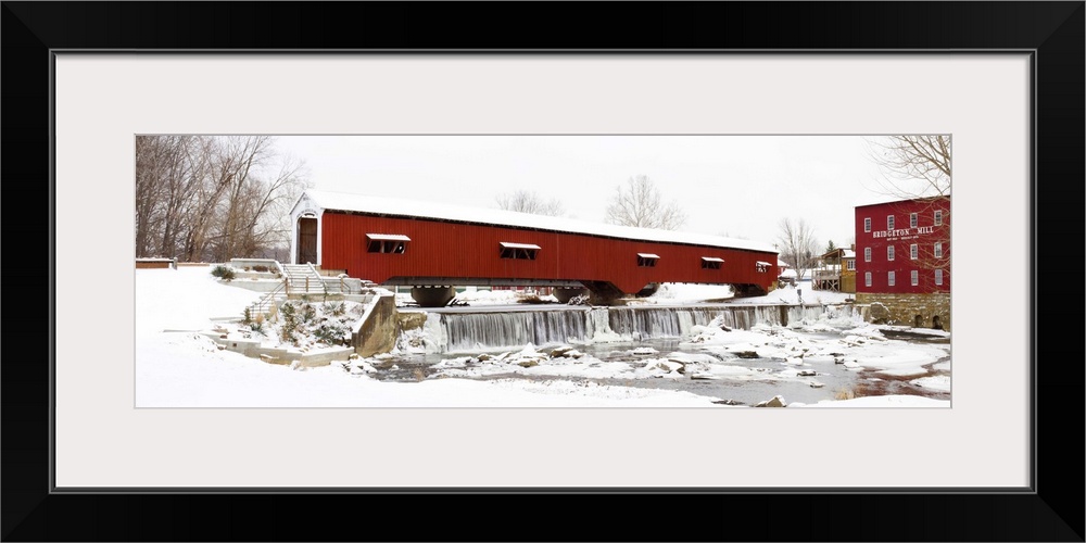 Covered bridge and mill in winter, Bridgeton Bridge Arson, Parke County, Indiana