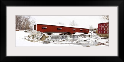 Covered bridge and mill in winter, Bridgeton Bridge Arson, Parke County, Indiana