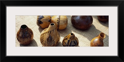 Decorated gourds named Ipu used as Hula rhythm instruments on a mat, Puuhonua o Honaunau National Historical Park, Honaunau, Hawaii,