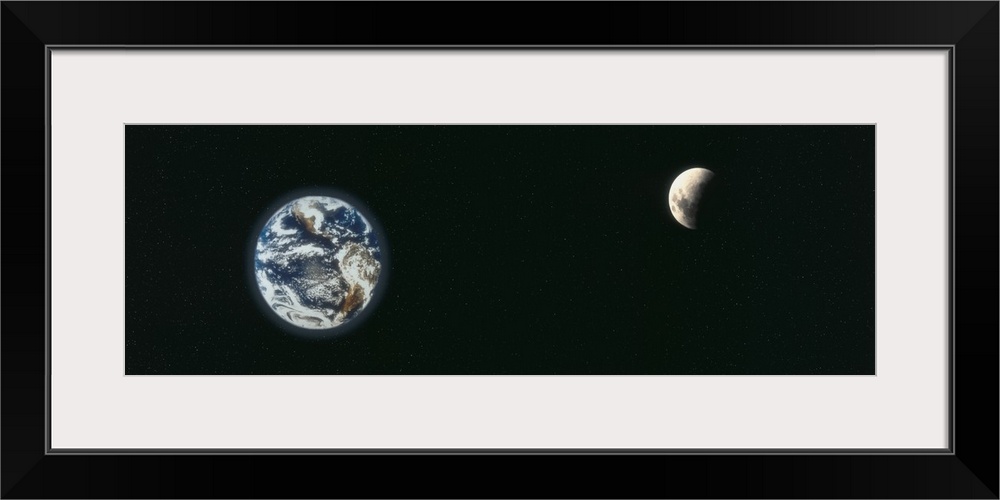 A panoramic re-creation of the earth and a half shaded moon from outer space.