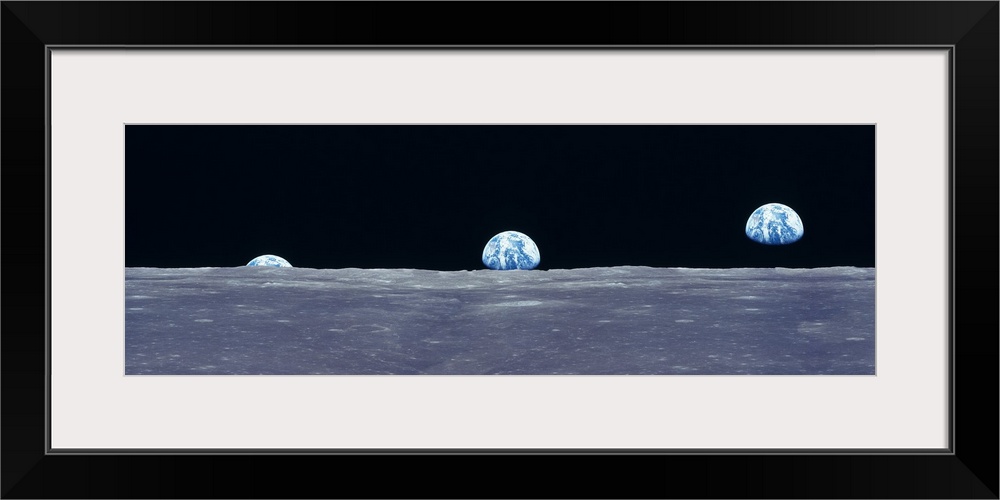 Composite image from the surface of the moon of three photos of the planet Earth rising over the horizon.