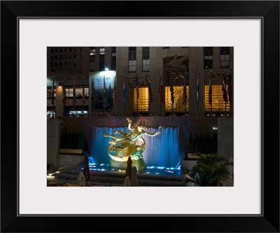 Fountain lit up at night, Rockefeller Center, Midtown Manhattan, Manhattan, New York City, New York State,