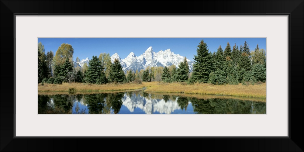 This panoramic shot is perfect for the home or office of a national park with a body of water in the foreground, pine tree...