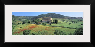 High angle view of a church on a field Abbazia Di Santantimo Montalcino Tuscany Italy