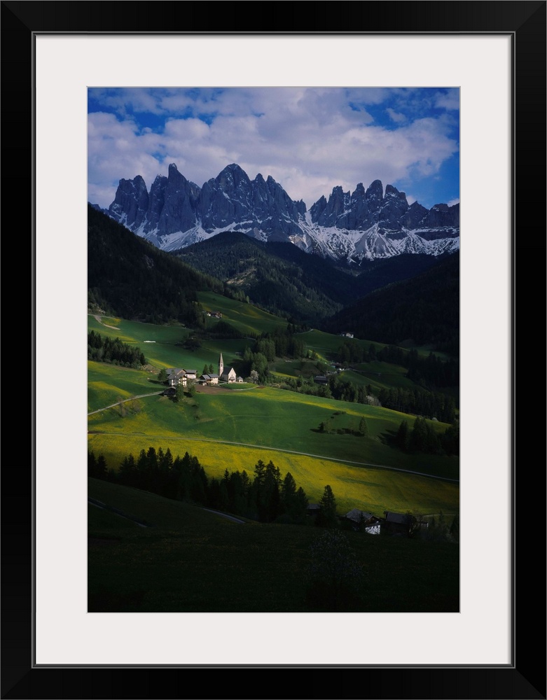 High angle view of a church on a landscape, Dolomites, Funes Valley, Le Odle, Santa Maddalena, Tyrol, Italy