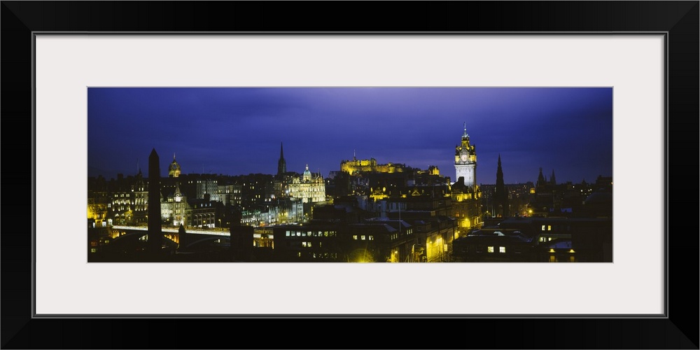 High angle view of a city lit up at night, Edinburgh Castle, Edinburgh, Scotland