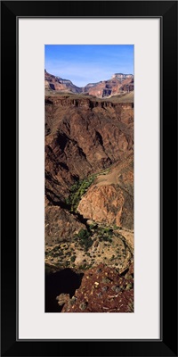 High angle view of a creek and campground, Bright Angel Creek, Phantom Ranch, Grand Canyon National Park, Arizona,