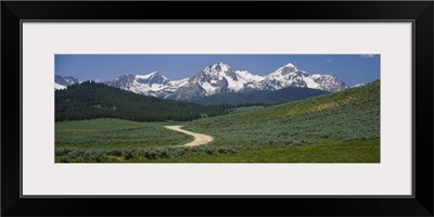 High angle view of a dirt road running through the field, Sawtooth National Recreation Area, Stanley, Idaho