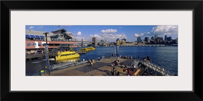 High angle view of a group of people on a pier, Pier 17, South Street Seaport, Manhattan, New York City, New York State