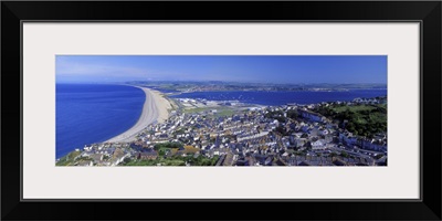 High angle view of buildings in a city, Chesil Beach, Portland, Isle of Portland, Dorset, England