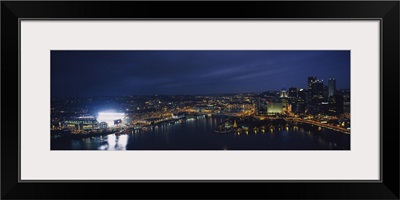 High angle view of buildings lit up at night, Heinz Field, Pittsburgh, Allegheny county, Pennsylvania