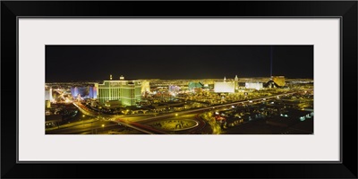 High angle view of buildings lit up at night, Las Vegas, Nevada