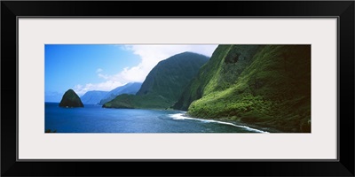 High angle view of sea cliffs at Kalawao, Pacific Ocean, Kalaupapa Peninsula, Molokai, Hawaii