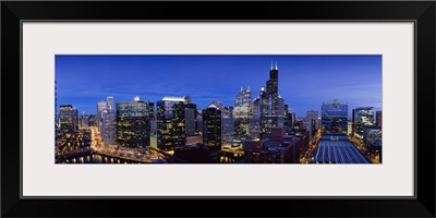 High angle view of skyscrapers lit up at night, Chicago, Illinois