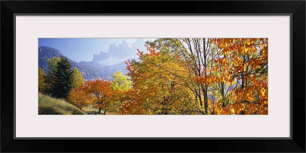 Long photo on canvas of vivid fall foliage with a layer of rolling mountains then rugged mountains in the distance.